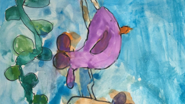 A purple bird with a blue background and green vine.