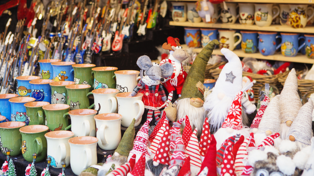 Christmas items on a shelf for sale.