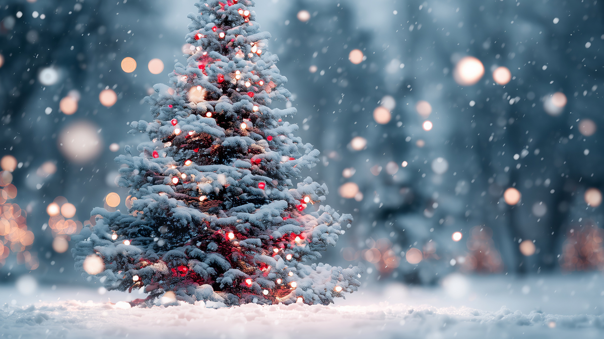 A Christmas tree with Christmas lights on a snowy day.