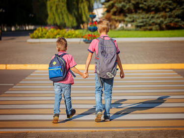 Two brothers crossing the street at a crosswalk.