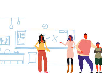 A family meeting a teacher in a classroom.