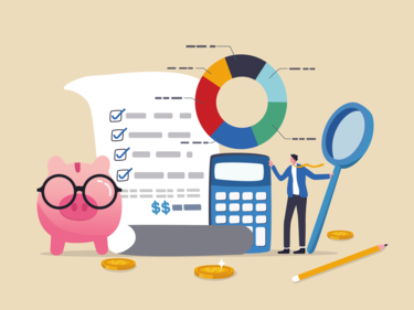 Budget planning graphic  investment balance sheet, debt calculation and analysis, businessman with magnifier planning budget with calculator and chart.