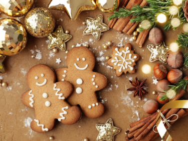 Gingerbread cookies and Christmas decorations.