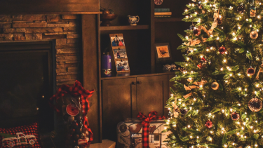 Christmas tree, presents and a fireplace.