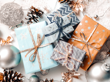 Wrapped Christmas presents and decorations.