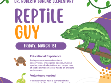 Poster with reptiles and Reptile Guy visit information.