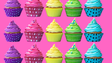 Rainbow coloured cupcakes on a pink background. Bake Sale