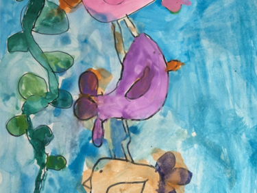 A purple bird with a blue background and green vine.