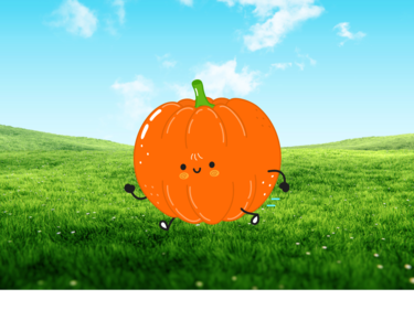 A pumpkin running through a grassy field.