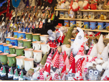 Christmas items on a shelf for sale.