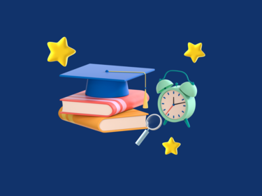 Books, a graduation cap and a clock on a dark blue background.