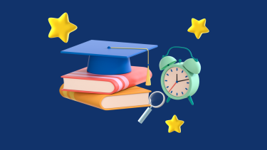 Literacy Week Books, a graduation cap and a clock on a dark blue background.