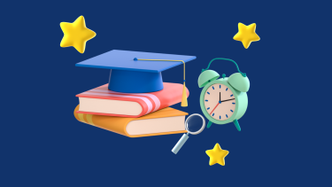 Books, a graduation cap and a clock on a dark blue background.