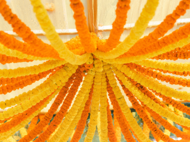 Orange and yellow floral garland hanging from a ceiling.