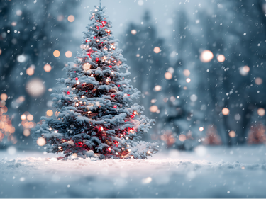 A Christmas tree with Christmas lights on a snowy day.
