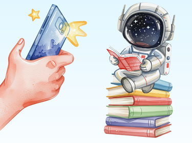 Someone taking a photo of an astronaut reading a book, sitting on top of a pile of books.