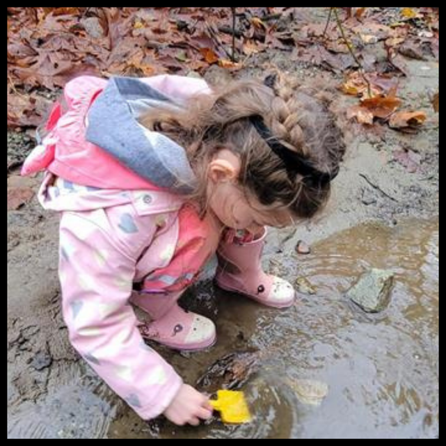Child  scooping water from a puddle.