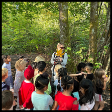 Teacher teaching students in the forest.